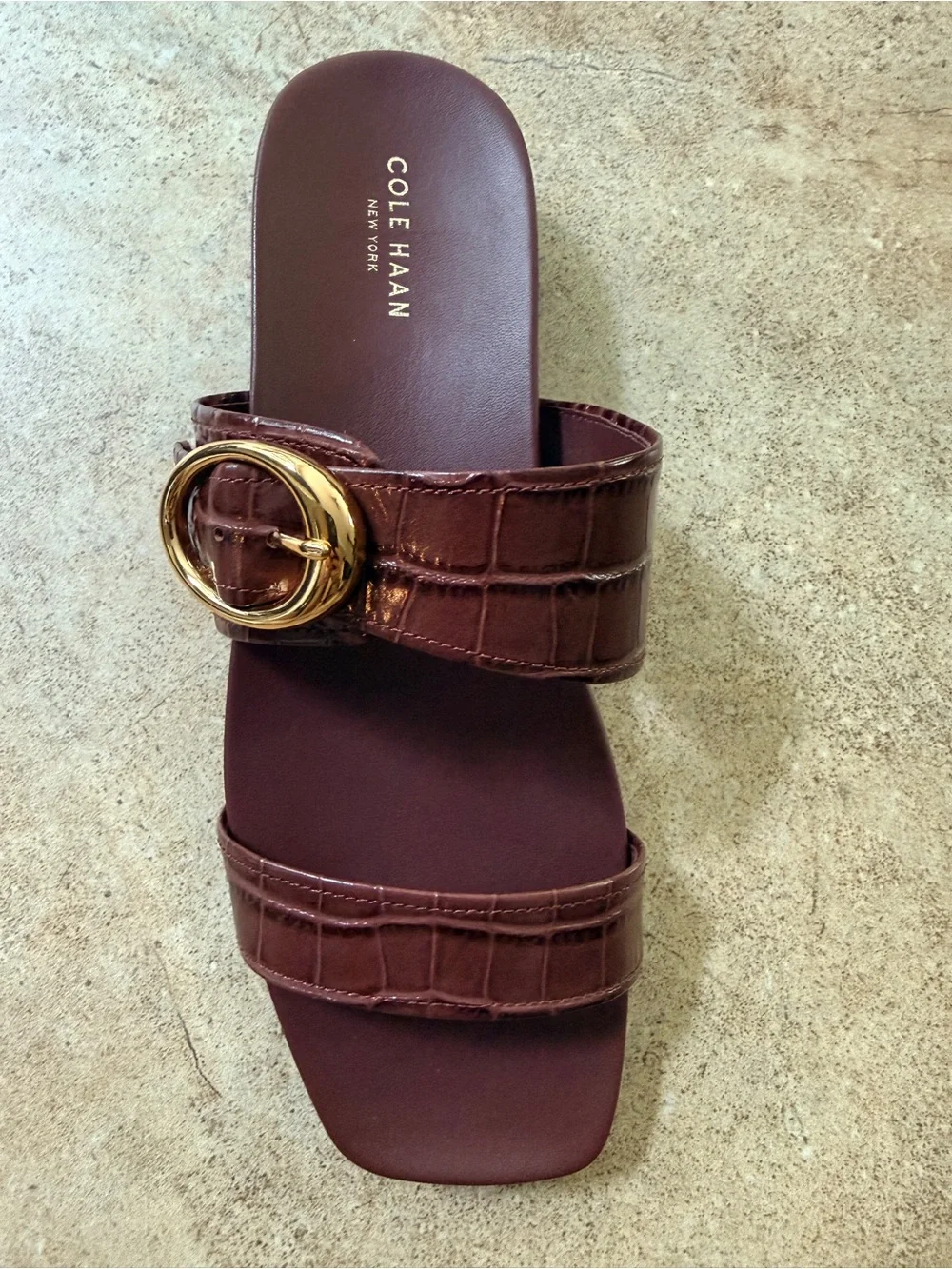 Cole Haan Wine Croc-Embossed Slide Sandals with Gold Buckle Detail